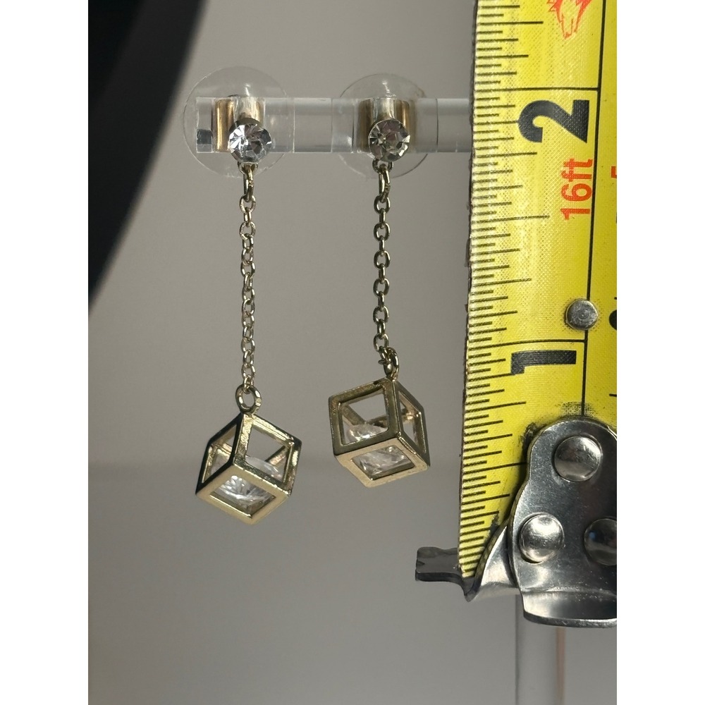 Vintage Geometric Cube Drop Gold Tone Earrings Clear Crystal Dangle Rhinestone - Picture 2 of 2
